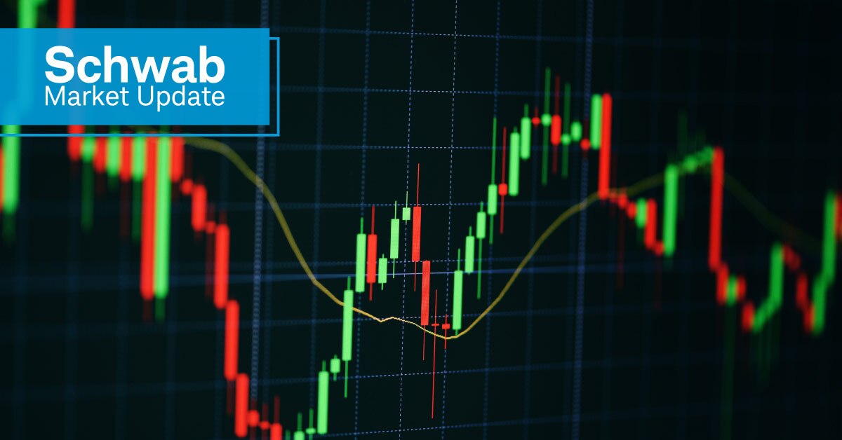 Schwab Market Update: A candlestick chart shows the market rising and falling.