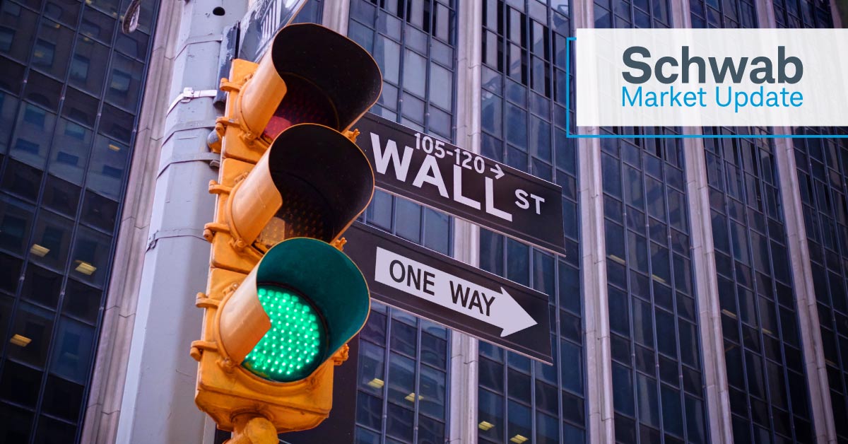 Schwab Market Update: A picture of a street corner on Wall St., with traffic light.