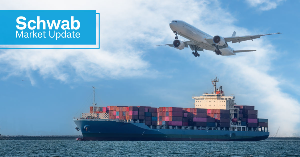 Schwab Market Update: Cargo shipping containers on the ocean with a plane overhead.