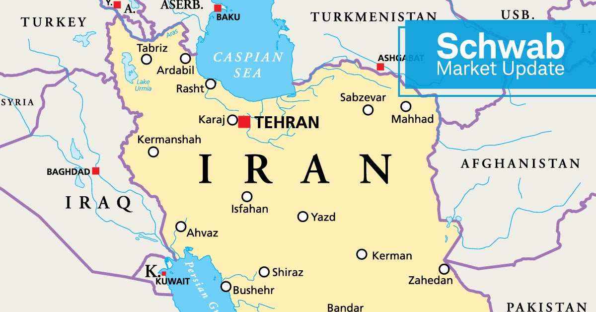 Schwab Market Update: Map of Iran with Tehran highlighted by a red block.