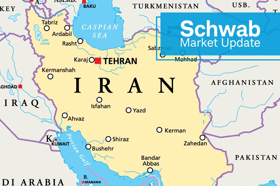 Schwab Market Update: Map of Iran with Tehran highlighted by a red block.