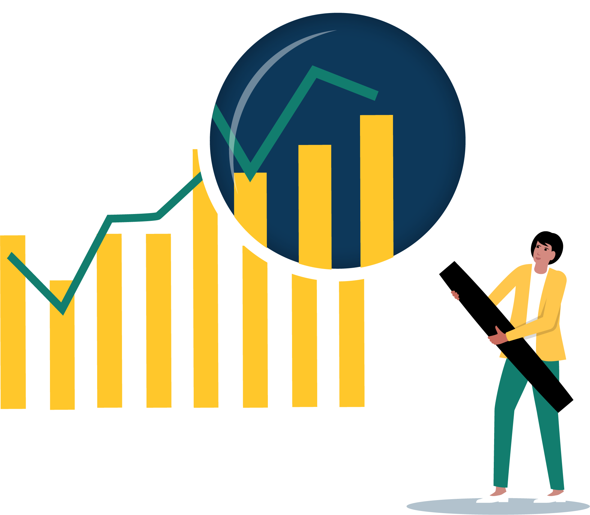 Woman holding magnifying glass over chart