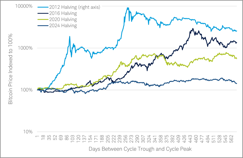 The chart shows how bitcoin halving periods in 2012, 2016, 2020, and 2024 have historically kicked off a bull market, followed by a deep bear market due to demand destruction and negative investor sentiment.