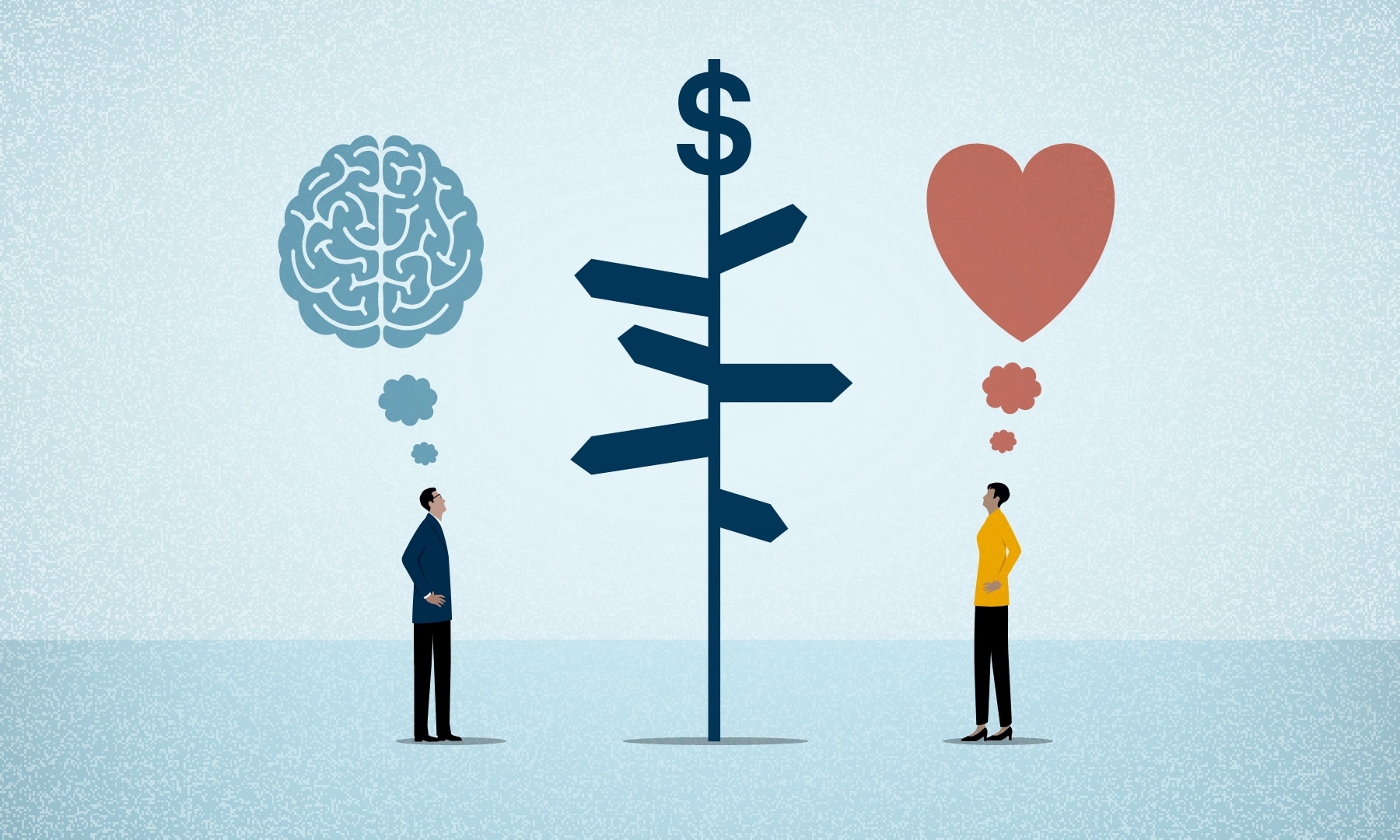 an illustration of two people looking at a signpost with a $ symbol on top. One person has a thought bubble in the shape of a heart. The other person in the shape of a brain
