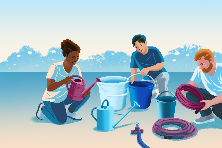 People measuring water in watering cans for a garden.