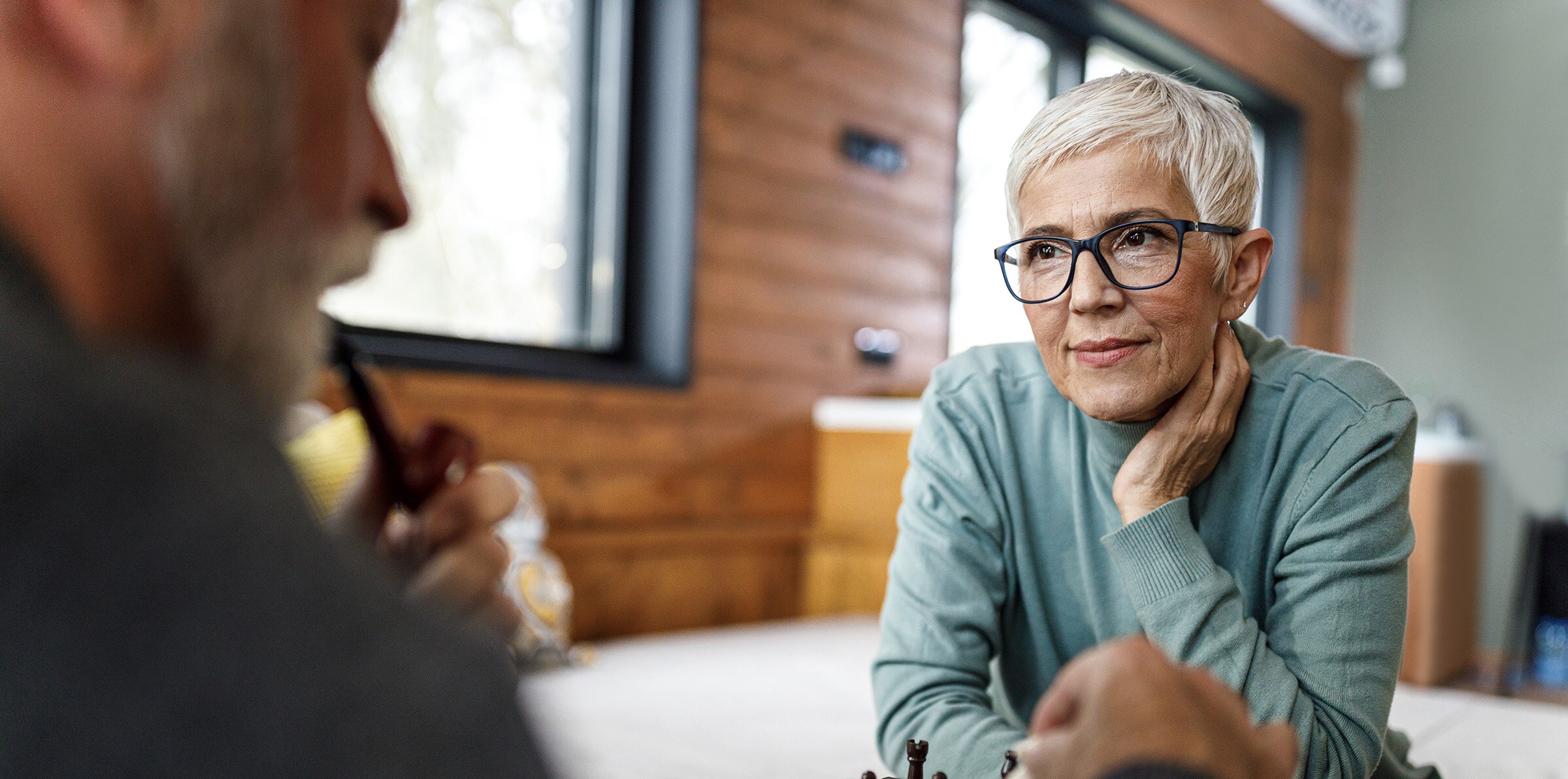 Woman talking at a table