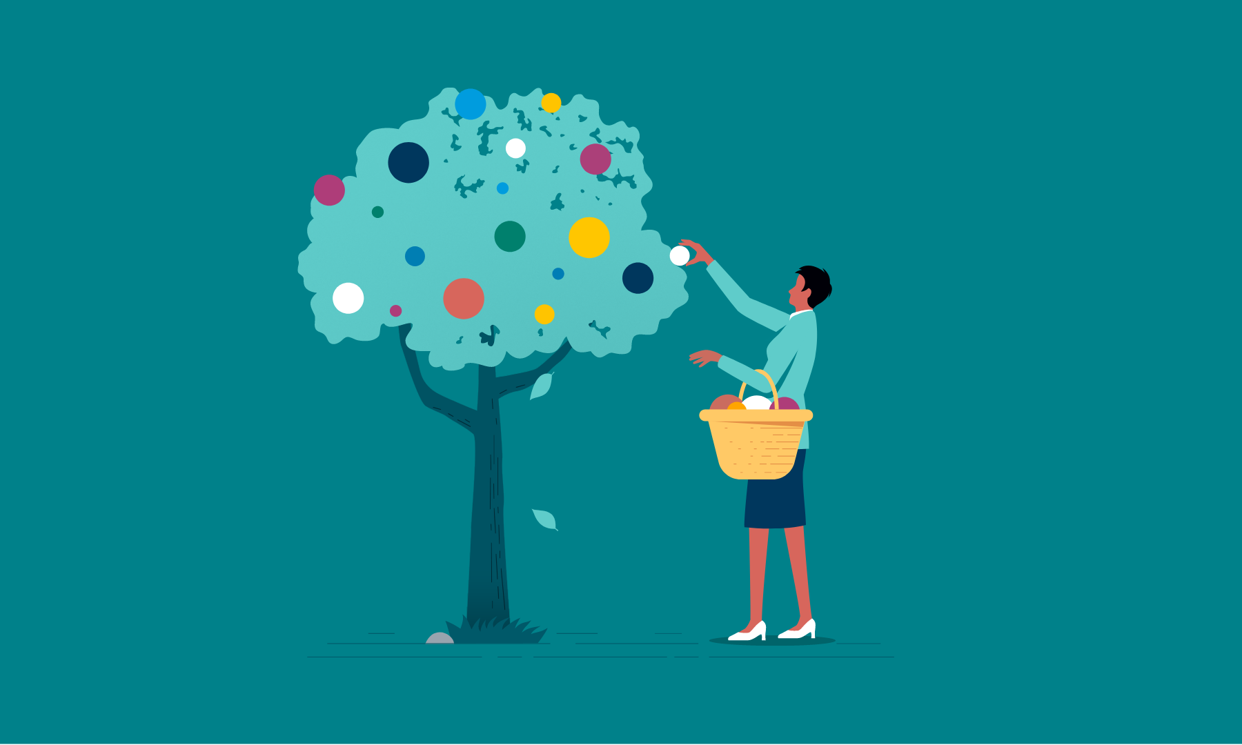 an illustration of a woman picking colored orbs from a tree