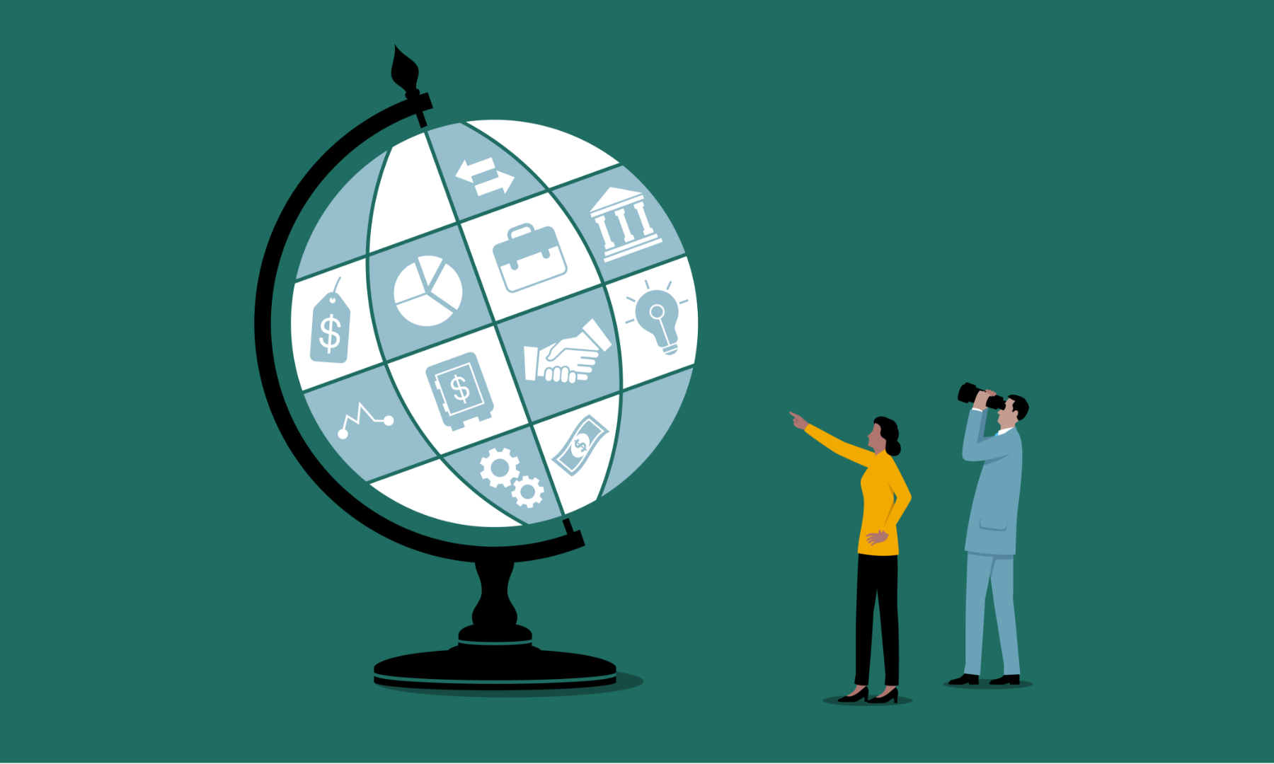 An illustration of two people looking at a big globe full of investment related icons
