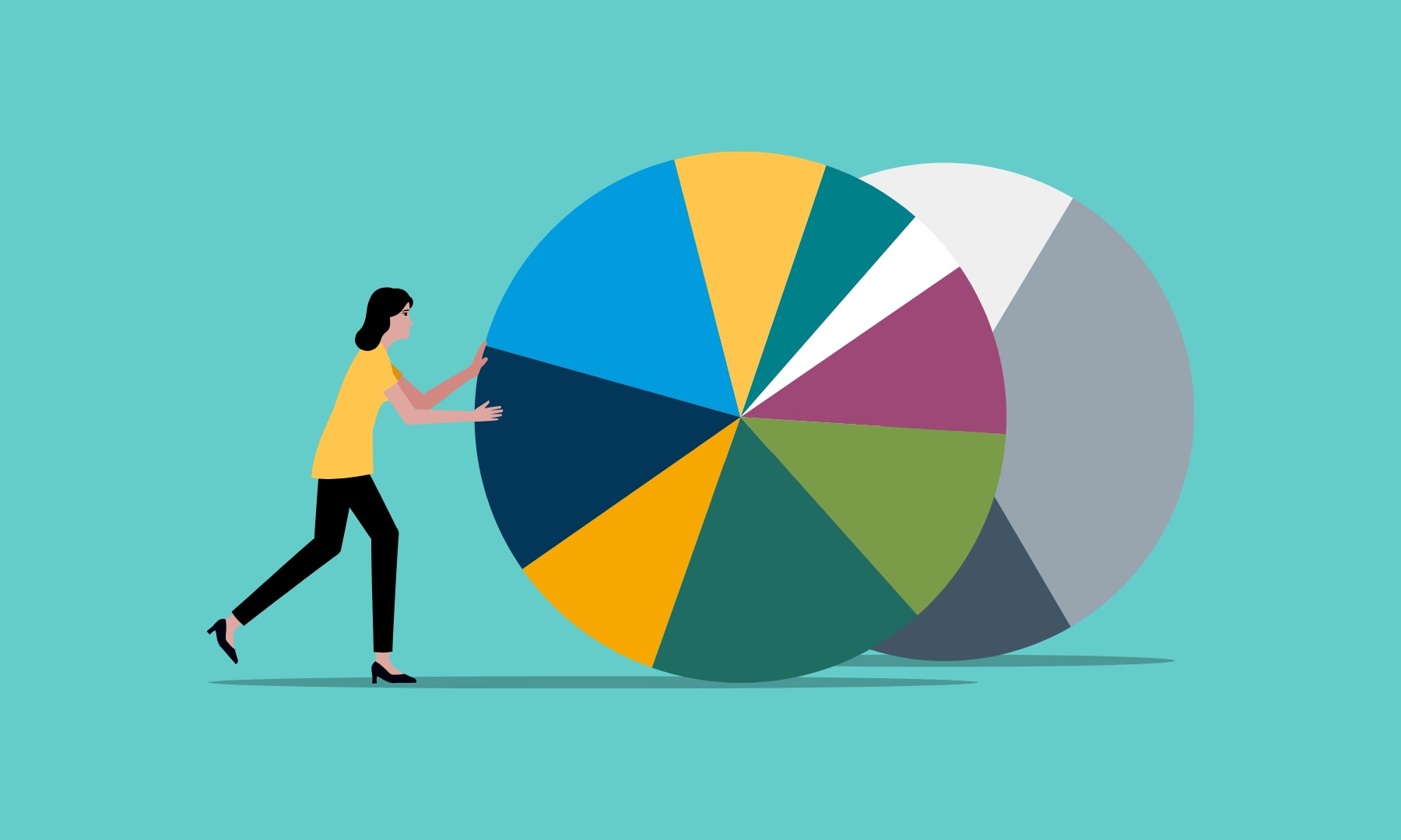 an illustration of a women rolling two giant pie charts