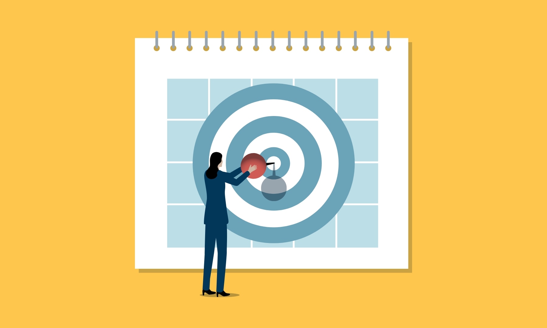 An illustration of a woman putting a pin in a giant calendar with a target painted on it