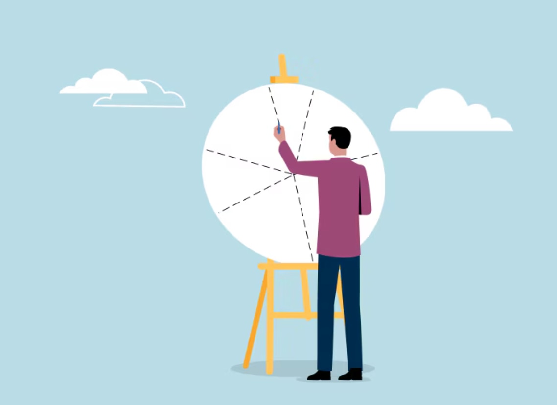 illustration of a man filling out a pie chart