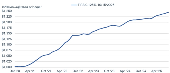 Chart shows the inflation-adjusted principal for a TIPS with a 0.125% coupon rate beginning with an initial $1,000 investment in October 2020. Its inflation-adjusted value has risen to nearly $1,250 since it was issued.