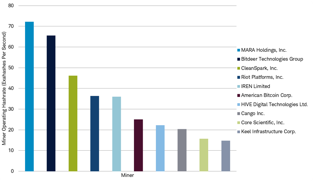 Bar chart shows operating hashrate by the largest public bitcoin miners, illustrating that compute power is distributed across multiple large participants rather than dominated by a single entity.