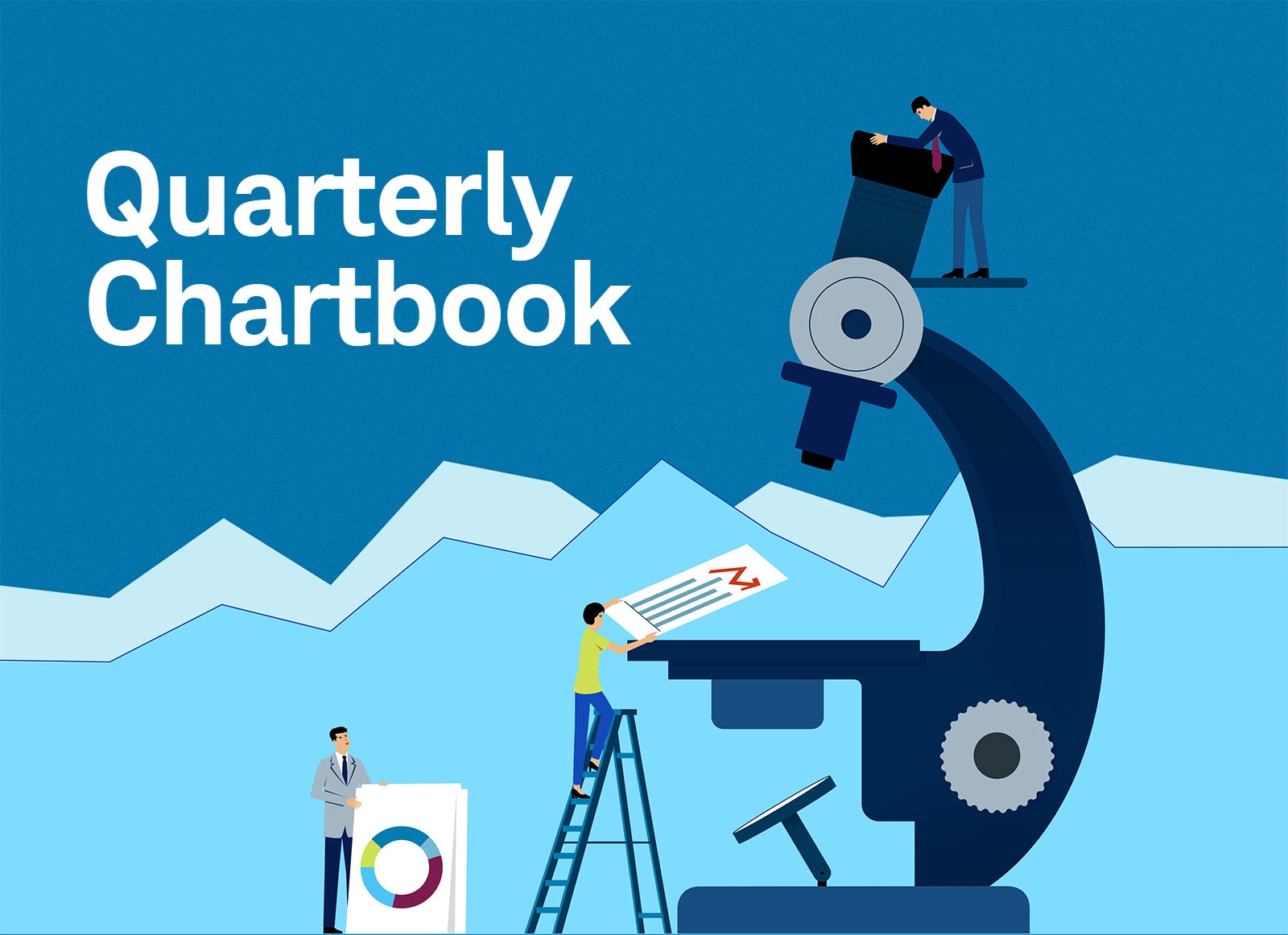 Illustration of people putting charts under a gigantic microscope