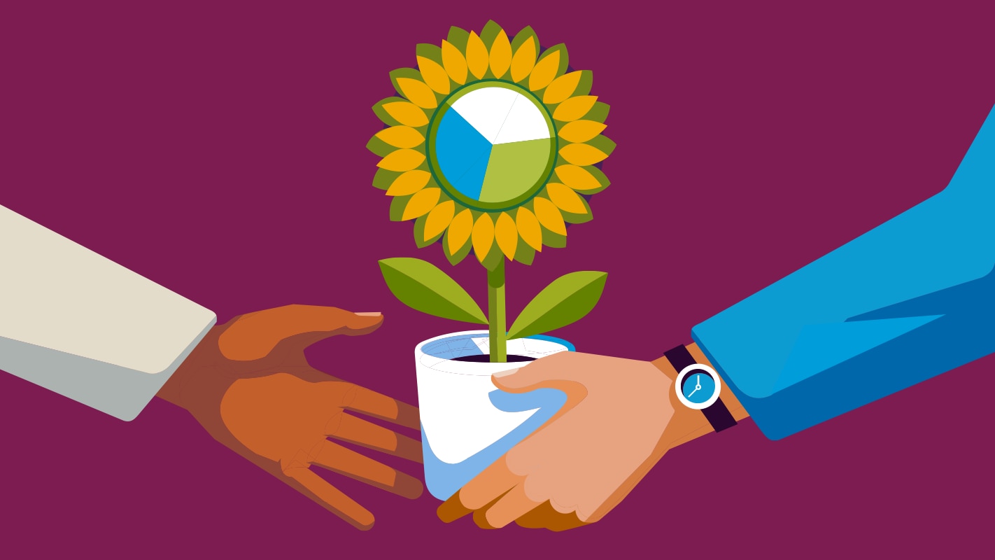Illustration of someone handing a flower pot containing a chart-flower to someone else