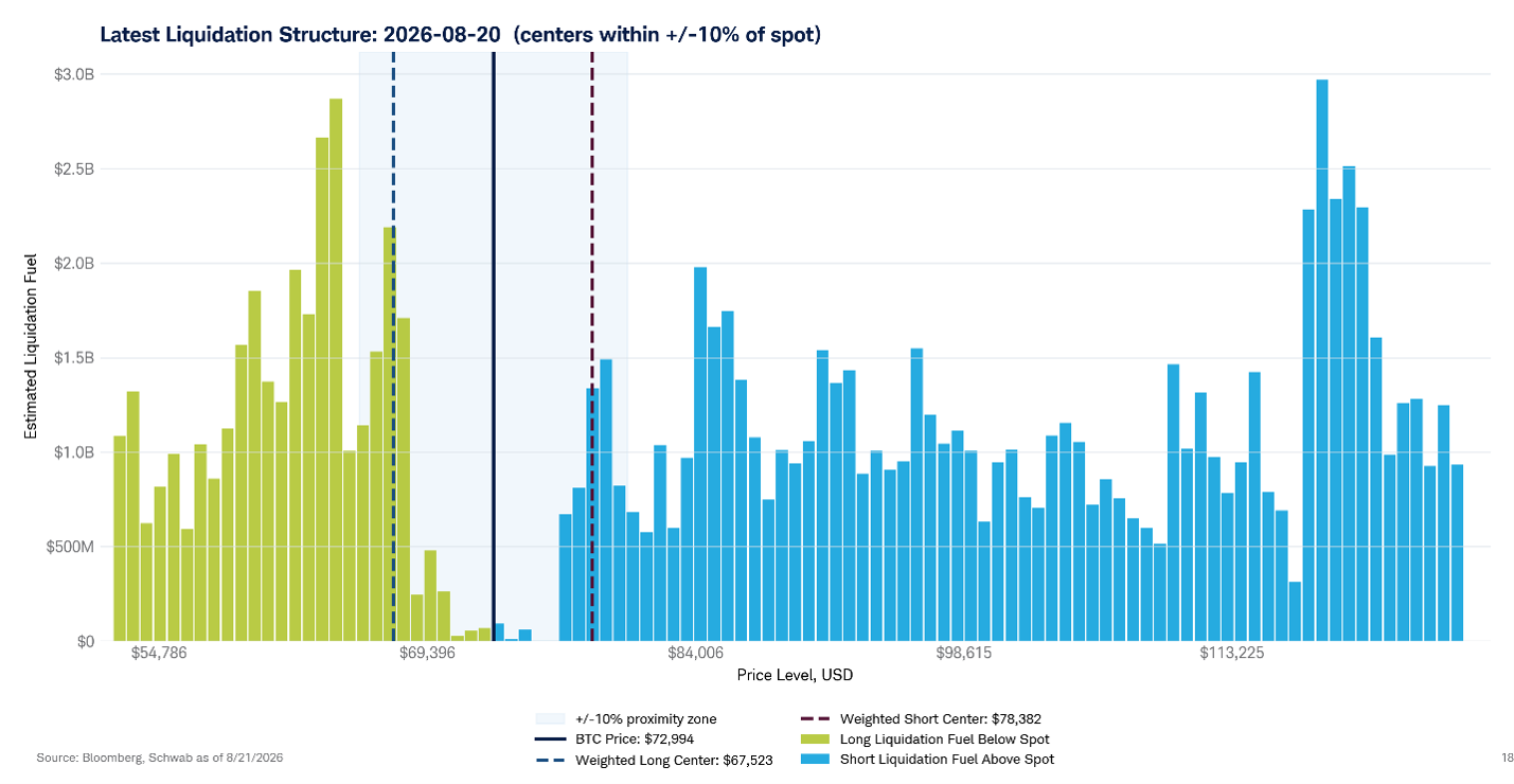 A bar chart that shows the distribution of long and short clusters relative to bitcoin's current price.