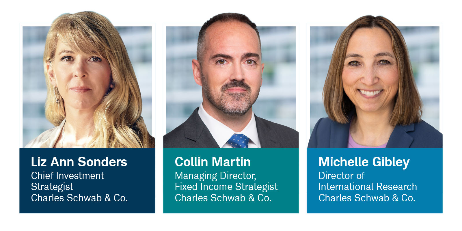 Headshots of Liz Ann Sonders, collin martin, and Michelle Gibley