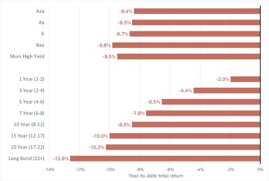 Chart shows year to date total returns for all major municipal bond categories are down, ranging from -2% to -12.6%. 