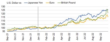 The U.S. dollar has appreciated against the euro, yen, and pound by at least 15% this year.