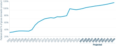 Federal debt has swelled since 2020, and the debt burden is projected to grow