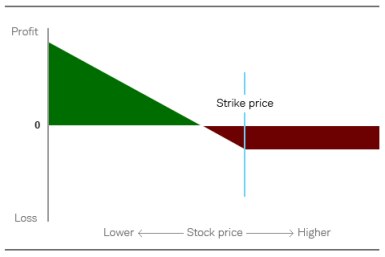 Chart depicts that while the maximum potential loss on a long put trade is the price paid for the option, the profit potential as the stock drops in price is significant.