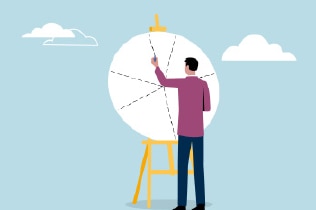 Illustration of a man filling in a pie chart