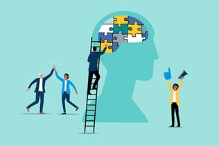 illustration of people building a jigsaw puzzle brain