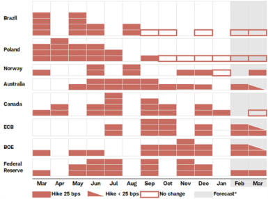 Bar chart highlighting the level of hikes from March 2022 through March 2023, with forecasts for February and March, for the central banks of Brazil, Poland, Norway, Australia, Canada, the EU, UK, and U.S.